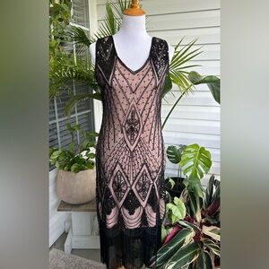 Pretty Guide black nude embroidered beaded midi dress Sz M